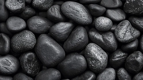 Midnight river stones huddled in glossy grayscale hush.