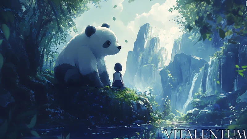 Panda guardian and girl share a mossy waterfall morning.