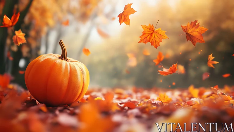 Cinematic close-up pumpkin amid windblown autumn maple leaves