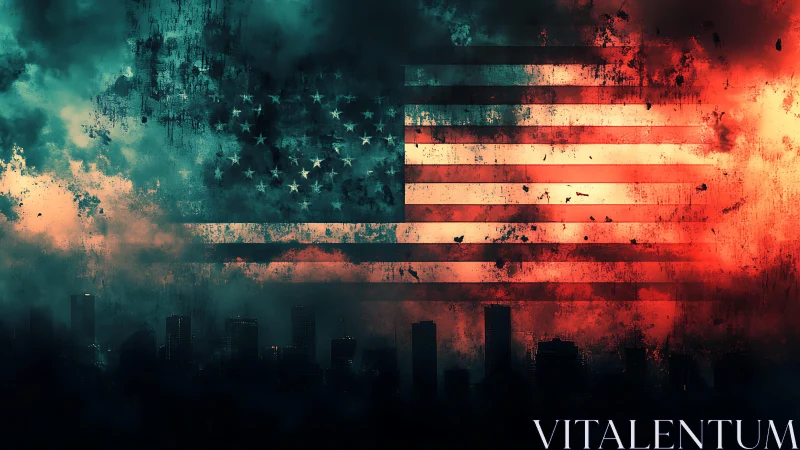 Distressed US flag engulfs dark city skyline in burning clouds