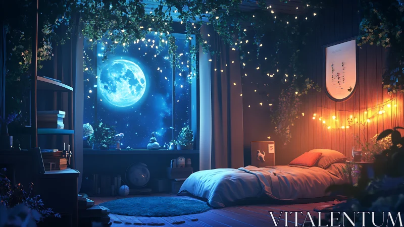 Moonlit bedroom glows under dreamy celestial night sky.