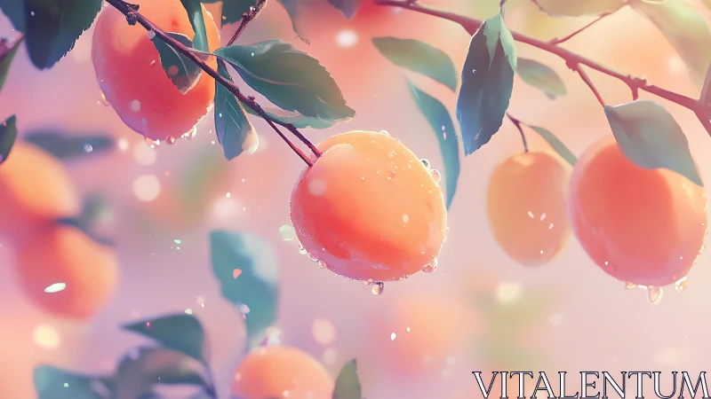Sunlit dewy apricots hang on soft-focus pastel branches