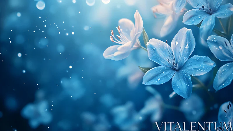 Blue Flowers with Water Droplets in Soft Focus.
