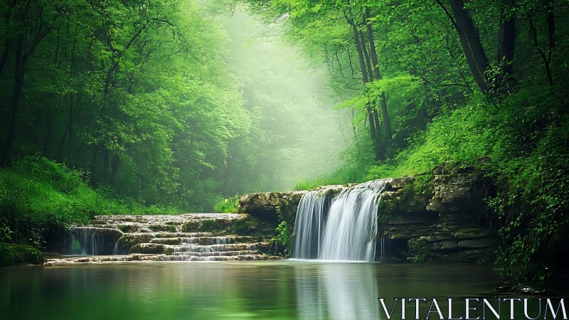 Luminous forest cascade with terraced stream in photoreal detail.