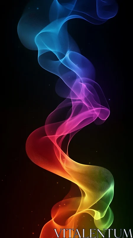 Prismatic light ribbon forms flowing abstract smoke trail.