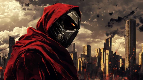 Hooded cybernetic figure over ruined burning city