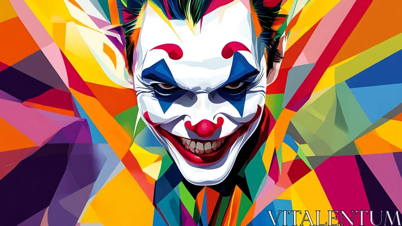 Clown face is rendered in angular, multicolored polygons