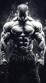 Monochrome hypermuscular male torso in dramatic contrast