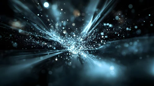 Dynamic burst of blue-white light particles in abstract digital style.