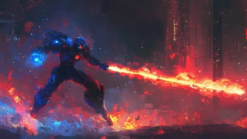 Armored cyber warrior unleashes blazing plasma torrent.