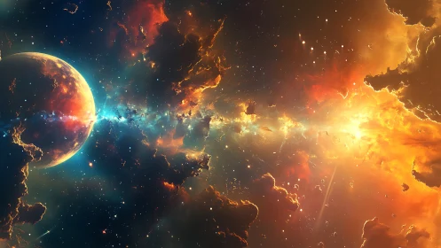 Celestial rift ignites a blazing nebula around a distant world.