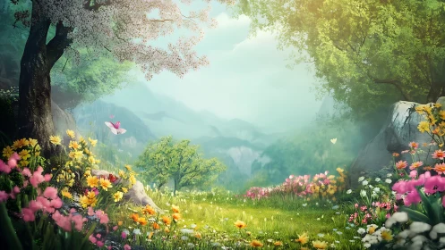 Lush floral valley rendered with atmospheric depth and soft backlight