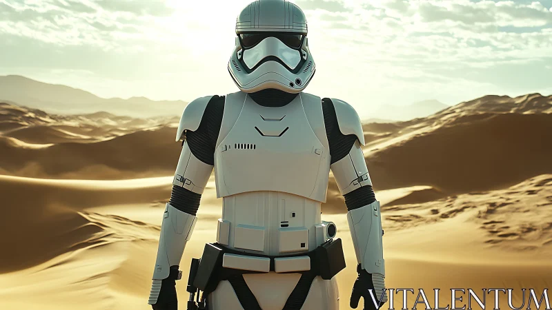 Desert patrol trooper gleams against windswept alien dunes.