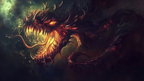 Demonic fire serpent with glowing eyes in stormy darkness.