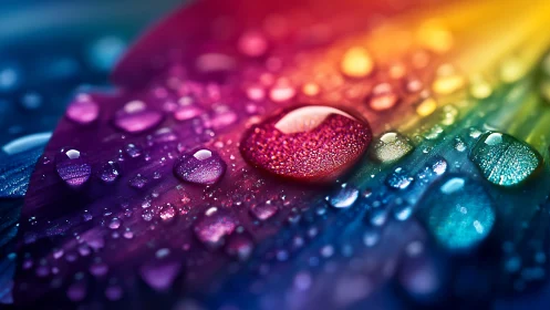 Glittering water droplets glow across a vivid rainbow field.