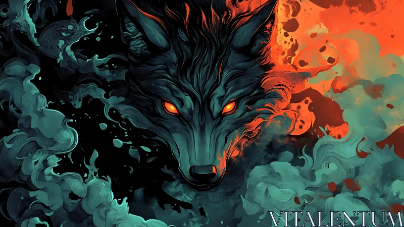 Fiery spirit wolf emerges through swirling teal and ember mist