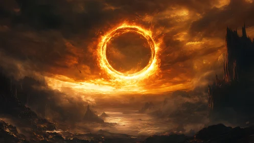 Fiery celestial ring ignites a dark apocalyptic landscape.