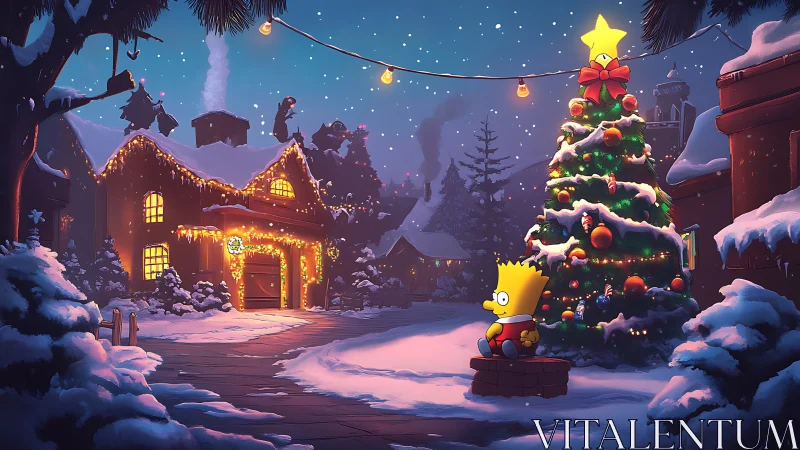 Snowy suburban Christmas scene with stylized cartoon boy.