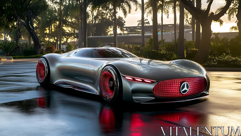 Sleek futuristic sports car glowing on a rain-kissed street.