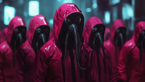 Crimson plague sentinels drift through neon drowned streets