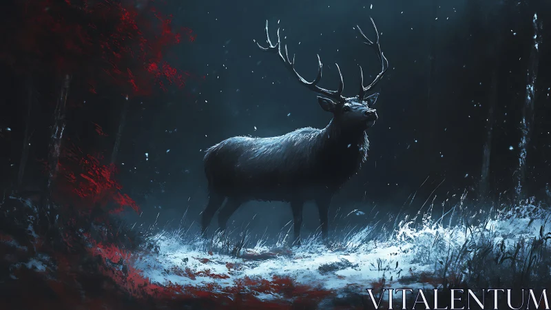 Snow-lit stag stands in high-contrast chiaroscuro forest gloom