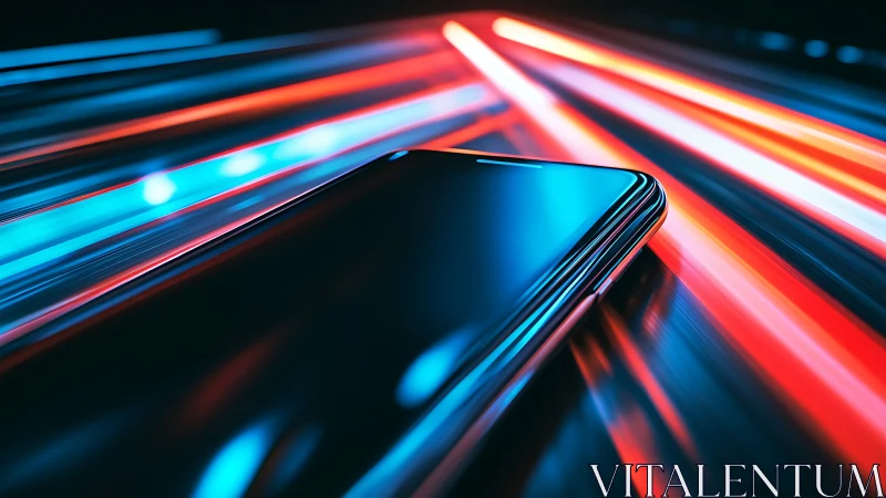 Smartphone on reflective surface with dynamic neon light trails.