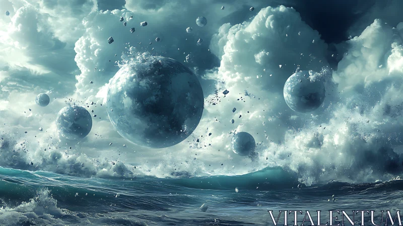 Floating crystal spheres churn through storm-tossed seas.