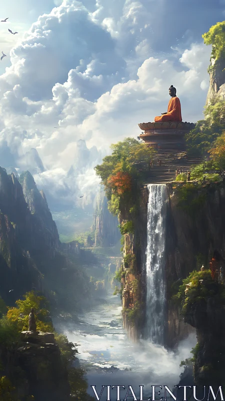Meditative cliffs and endless falls in a dreamy sky temple.