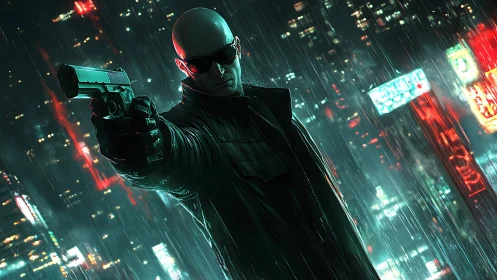 Bald gunman in neon city street under heavy rain at night.