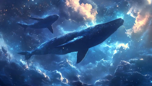 Two whales move through luminous nebula-like cloud fields