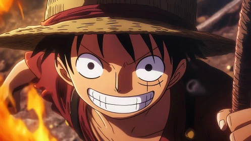 Anime close-up action portrait with dynamic warm lighting.