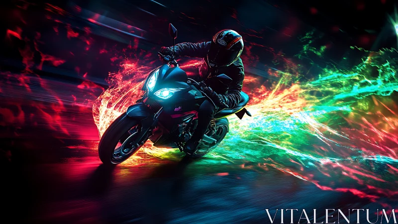 Sport motorcycle cornering through neon plasma light trails