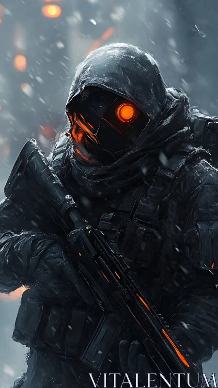 Thermal-visor combat sentinel in blizzard-torn urban corridor.