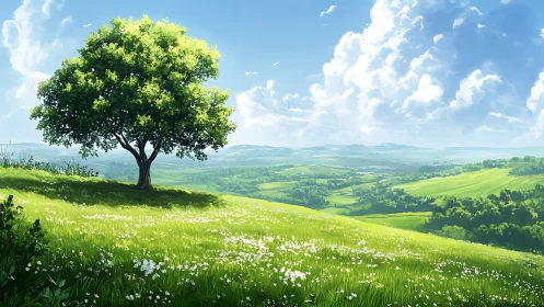 Digital pastoral hillside with solitary tree and vast cloudscape.