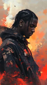 Brooding figure in dark jacket amidst blazing sunset clouds