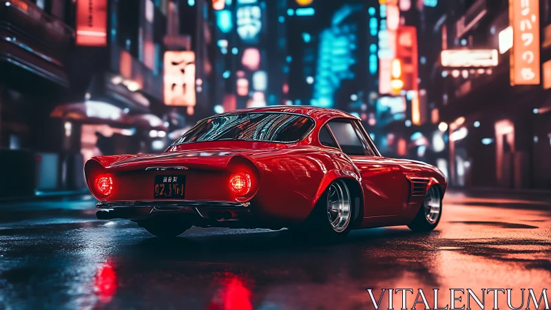 Red sports coupe rendered on wet neon city street at night