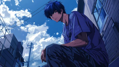 Blue-haired teen under dynamic urban summer sky.