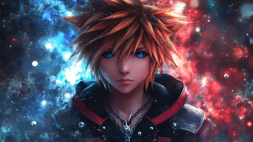 Stylized blue eyed character centered against nebula field