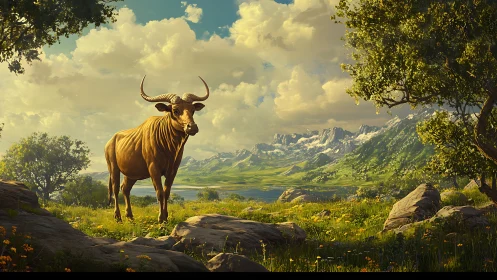 Long horned bull standing in bright alpine valley meadow.