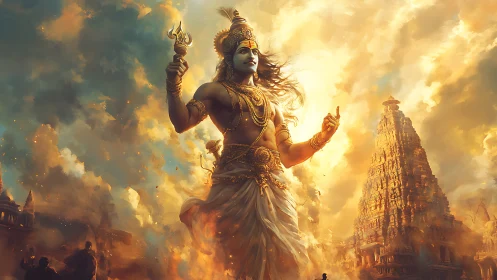 Divine blue-skinned deity amid blazing temple skyscape.