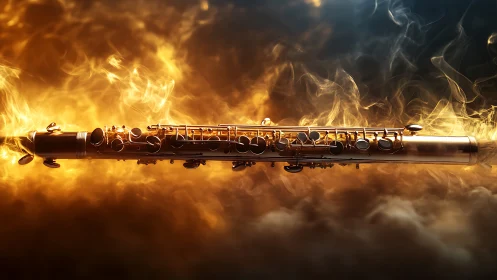 Burning clarinet suspended in dramatic fiery smoke clouds.