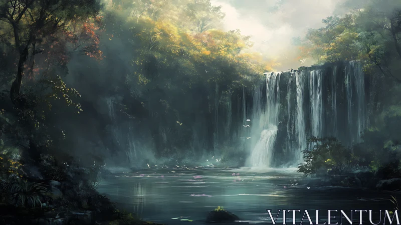 Misty Waterfall in Primordial Forest with Golden Canopy Light.