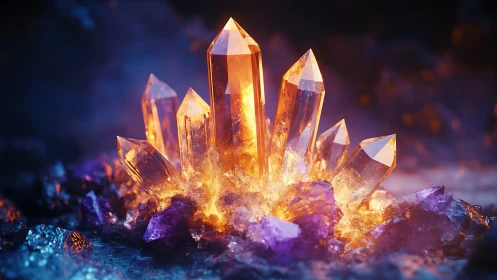 Cluster of illuminated orange crystals among purple shards.