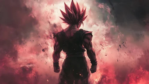 Fiery anime warrior silhouette amid raging crimson storm.