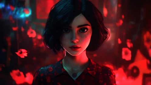 Quiet-eyed girl in glowing red dream of drifting petals.