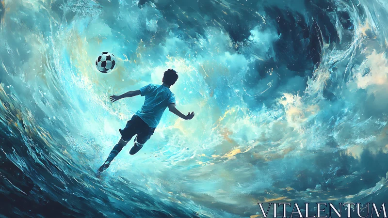 Electric waves swirl as a bold soccer player chases the ball
