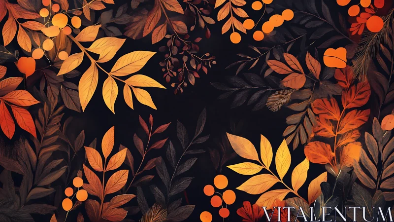 Autumn foliage glows against deep shadowed background.