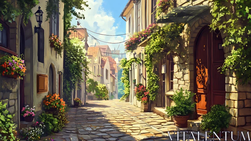 Sunlit cobblestone street glows with flowers and rustic charm