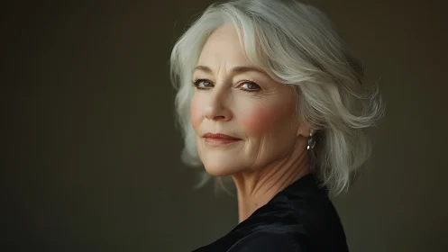 Elegant mature woman with silver hair in soft natural portrait.