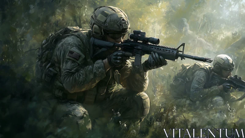 Digital painting of tactical soldiers in forested combat stance.